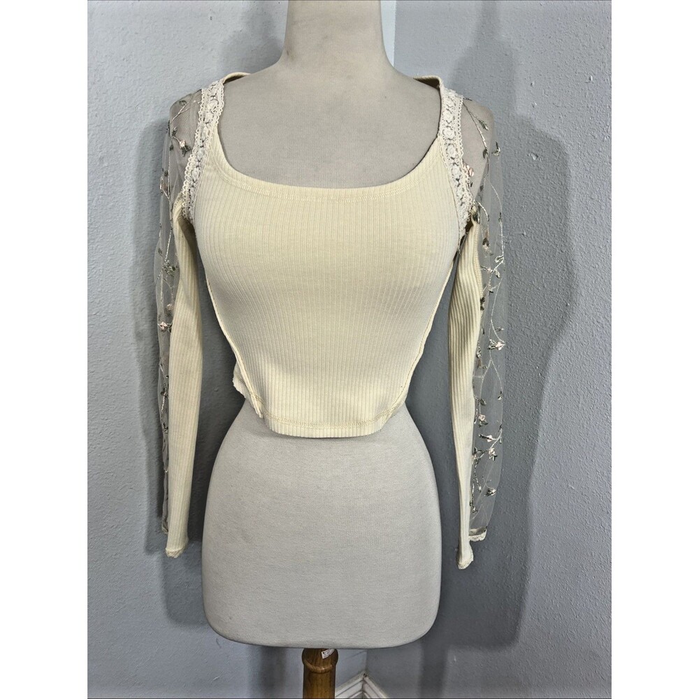 Altard State Crop Top Womens XS Cream Perry Mesh Floral Ribbed 90s Y2k